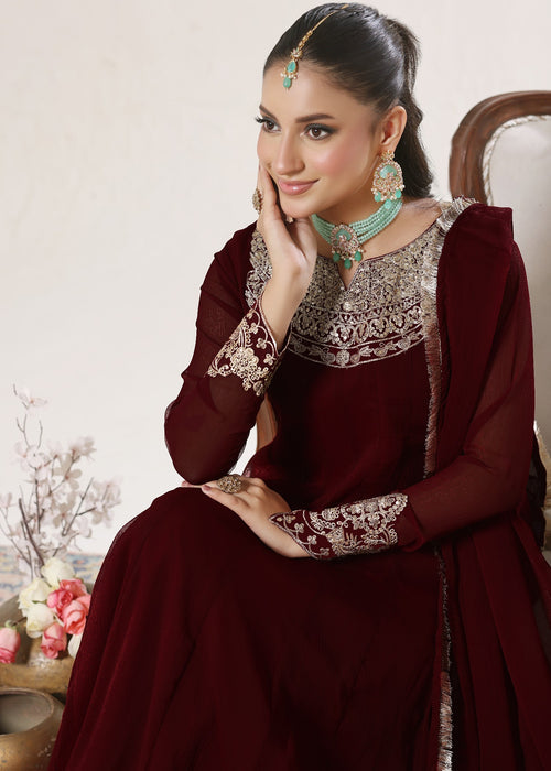 Abaan Zohan Women RTW Embroidered Chiffon 3 Piece Suit Nelofer Maroon - Festive Collection