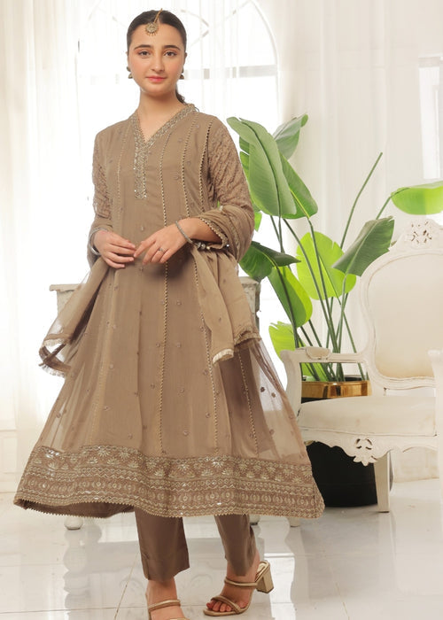 Mommy and Me by Abaan Zohan RTW Embroidered Chiffon 3 Piece Suit Kashish Kids Brown - Festive Collection