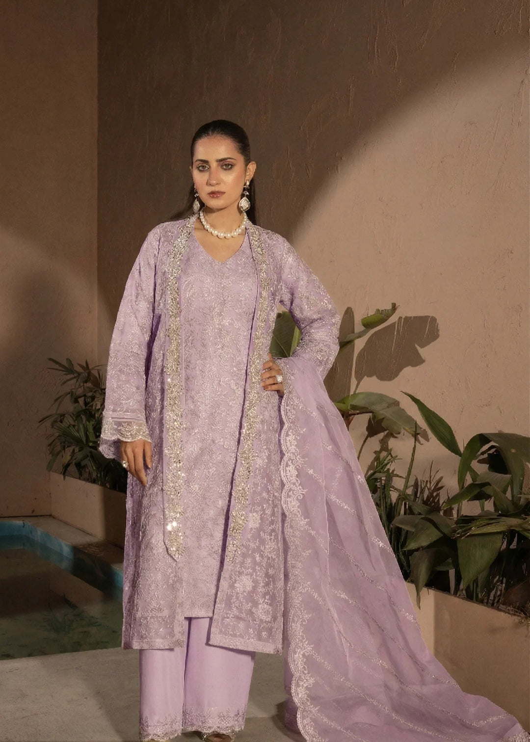 Banno by Manahils RTW Hand work Organza 3 Piece Suit 198-LILAC Festive Collection