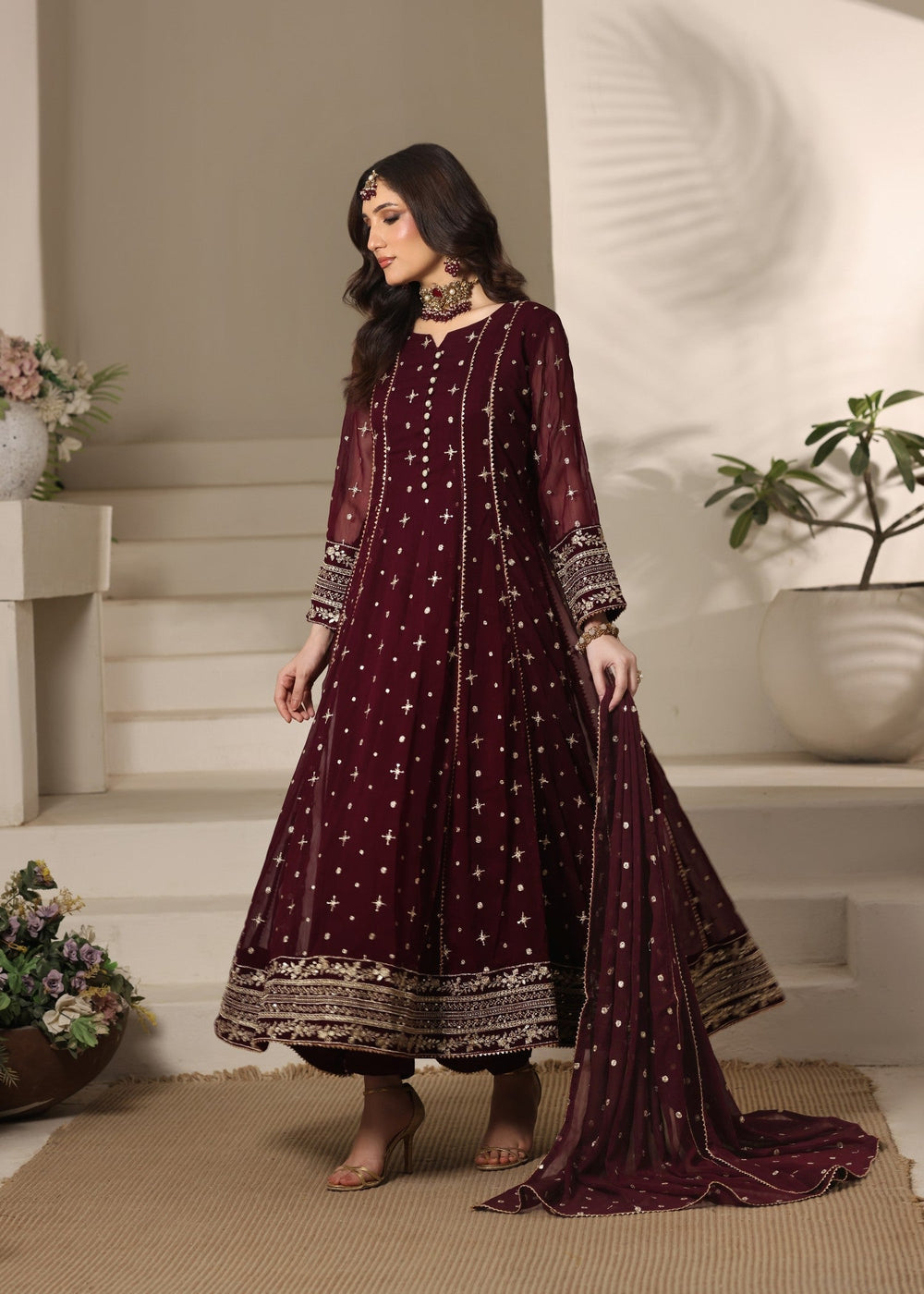 Abaan Zohan RTW Embroidered Chiffon 3 Piece Suit Aurora Maroon Festive Collection