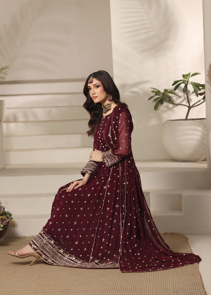 Abaan Zohan RTW Embroidered Chiffon 3 Piece Suit Aurora Maroon Festive Collection