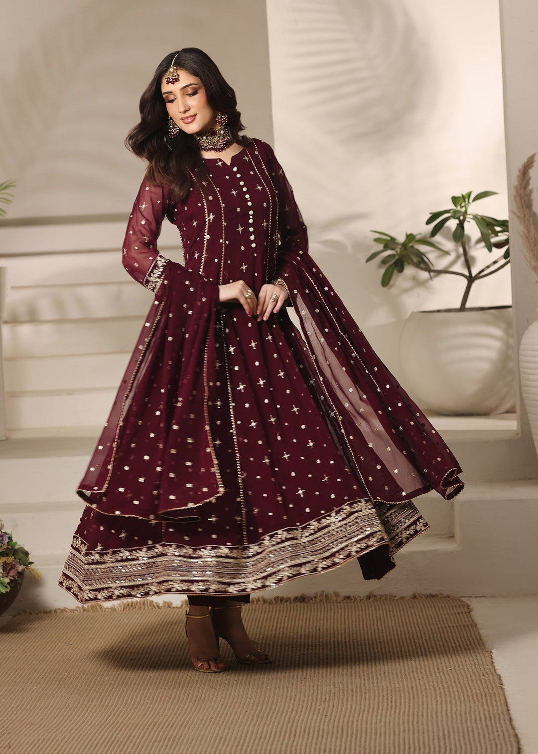 Abaan Zohan RTW Embroidered Chiffon 3 Piece Suit Aurora Maroon Festive Collection