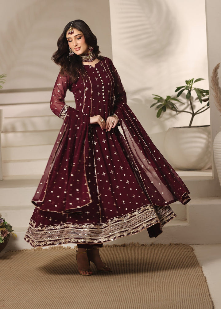 Abaan Zohan RTW Embroidered Chiffon 3 Piece Suit Aurora Maroon Festive Collection