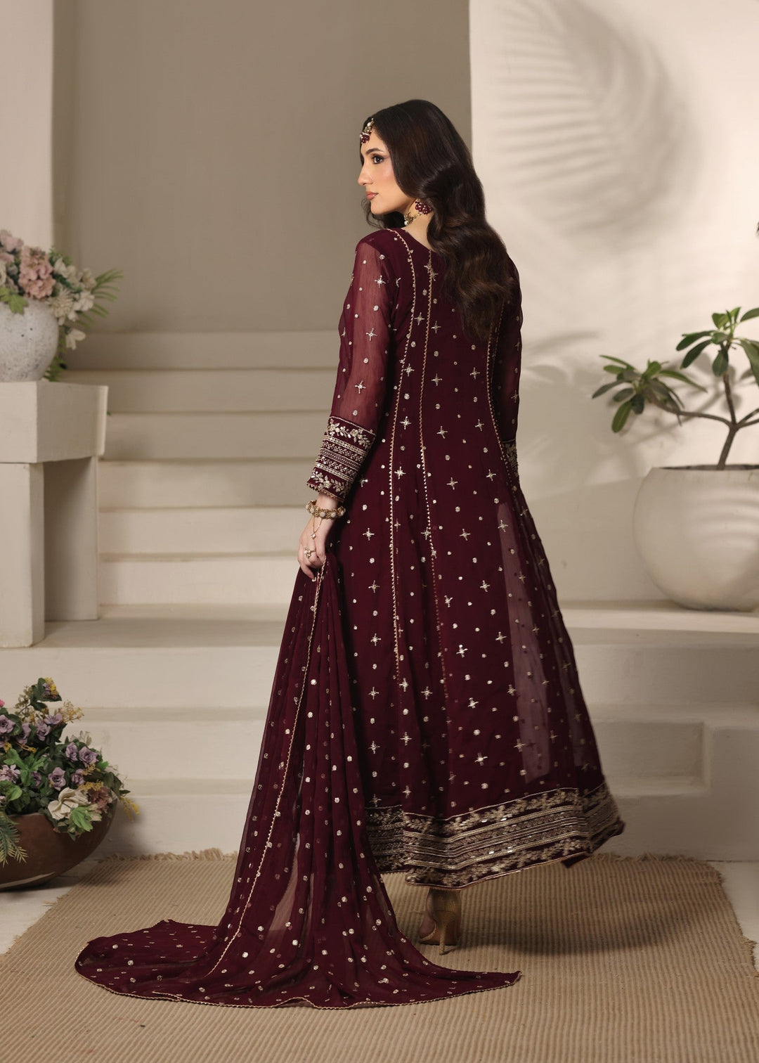 Abaan Zohan RTW Embroidered Chiffon 3 Piece Suit Aurora Maroon Festive Collection
