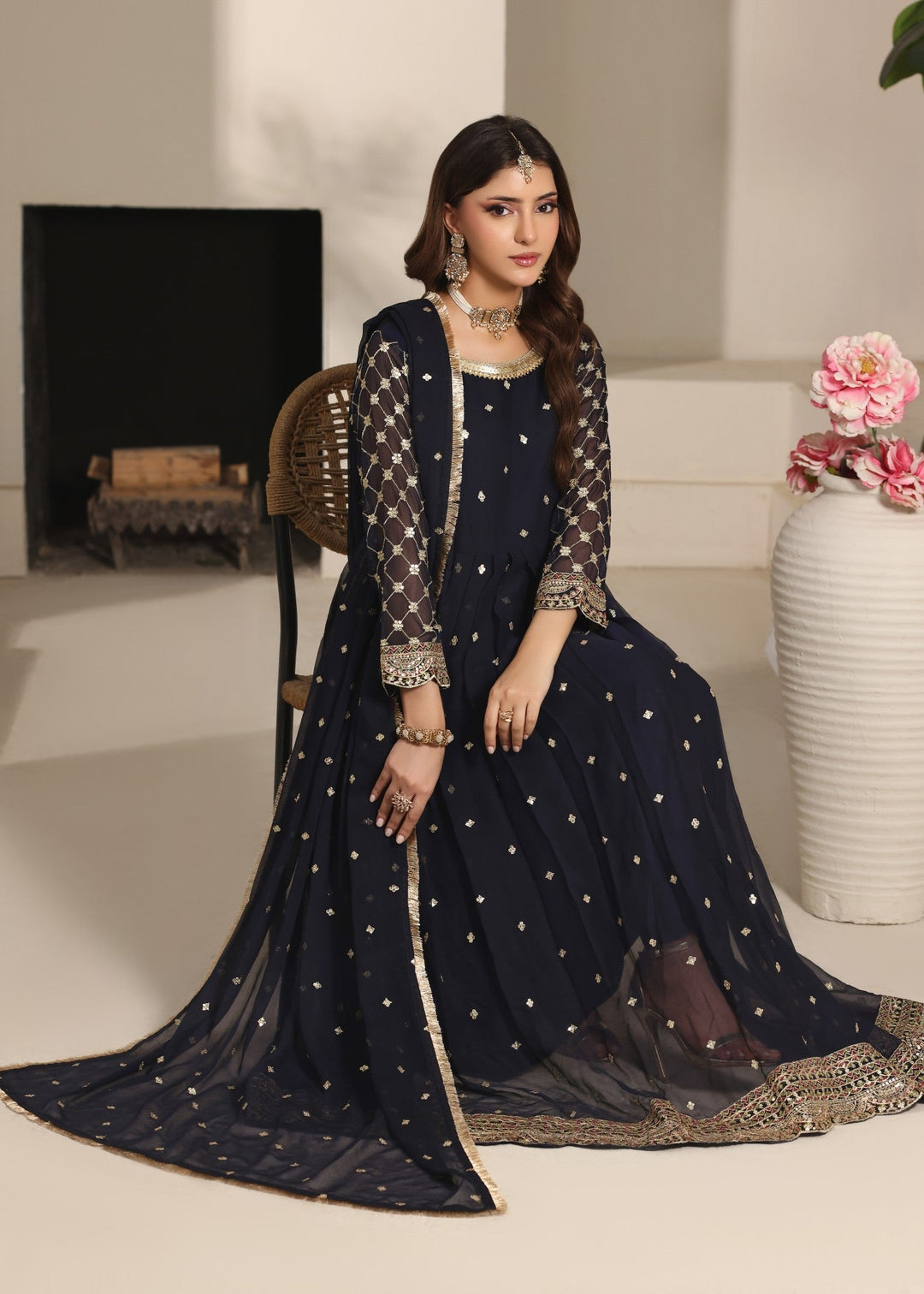 Abaan Zohan RTW Embroidered Chiffon 3 Piece Suit Bahar Navy Blue Festive Collection