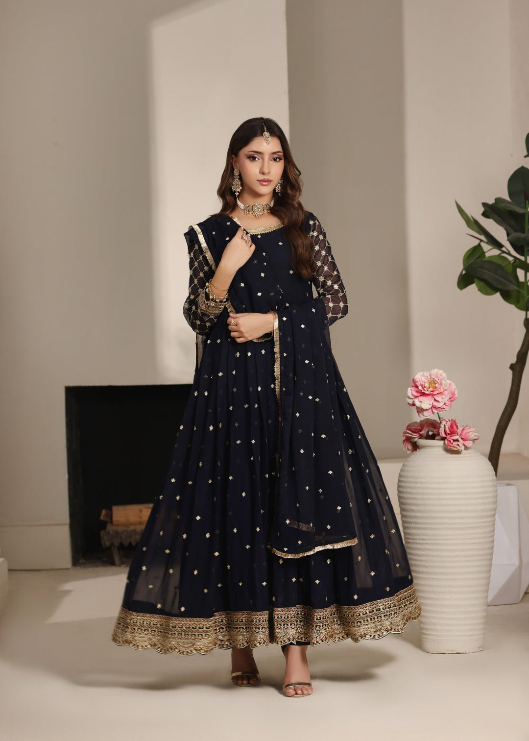 Abaan Zohan RTW Embroidered Chiffon 3 Piece Suit Bahar Navy Blue Festive Collection
