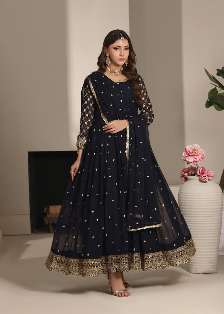 Abaan Zohan RTW Embroidered Chiffon 3 Piece Suit Bahar Navy Blue Festive Collection