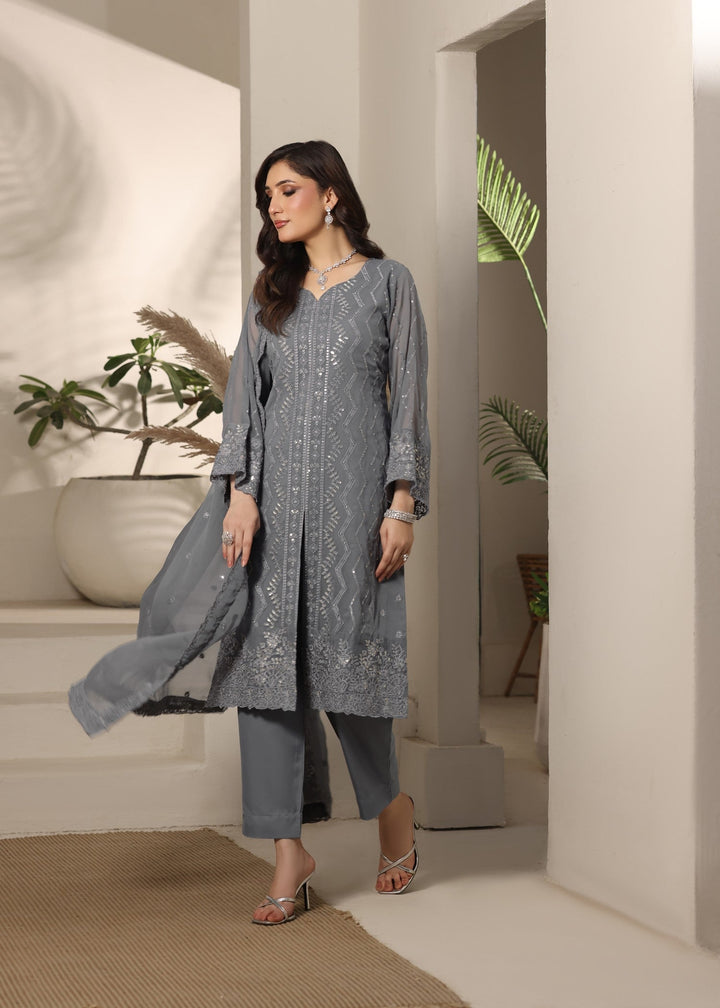 Abaan Zohan RTW Embroidered Chiffon 3 Piece Suit Gulnaar Grey Festive Collection