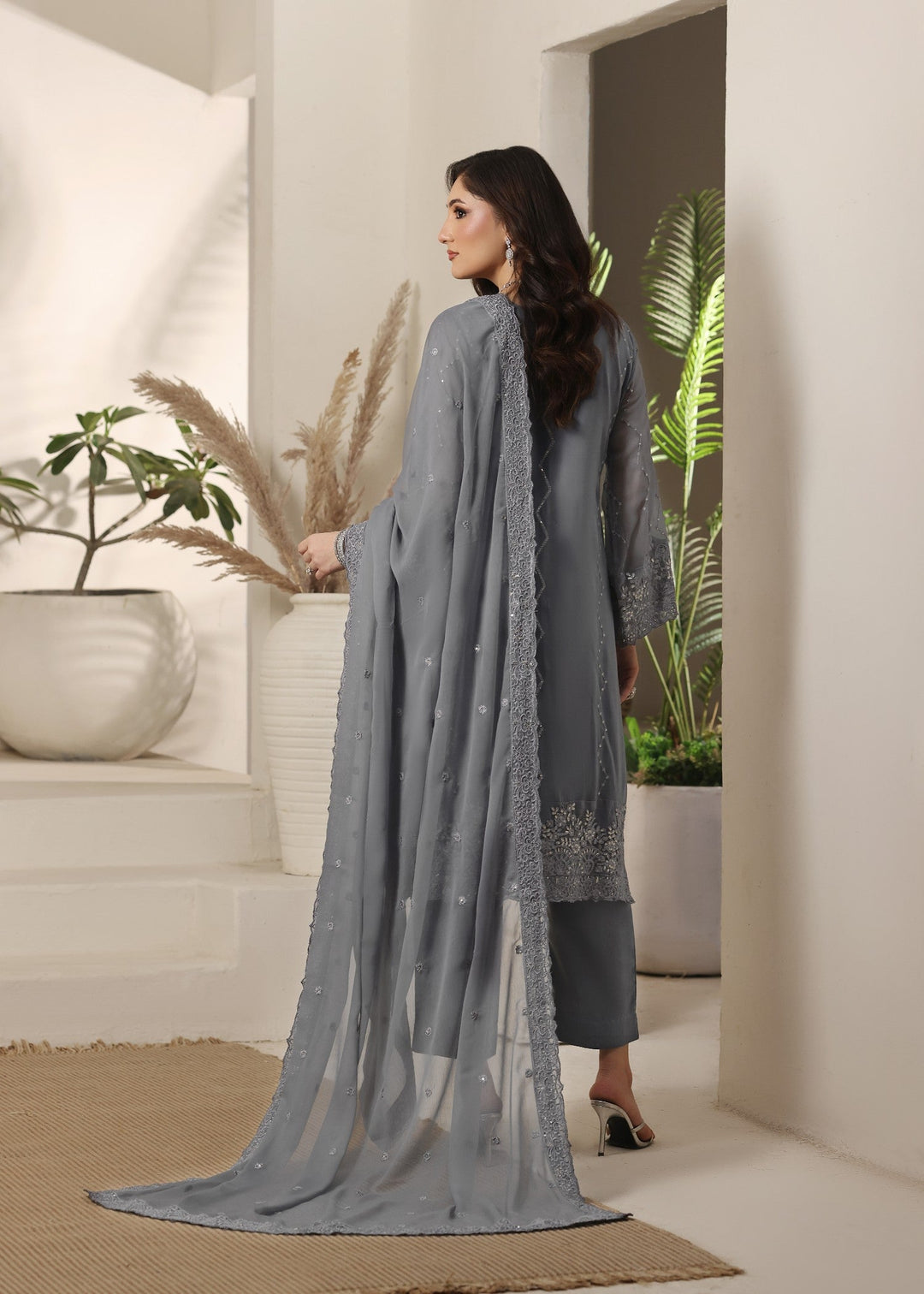 Abaan Zohan RTW Embroidered Chiffon 3 Piece Suit Gulnaar Grey Festive Collection