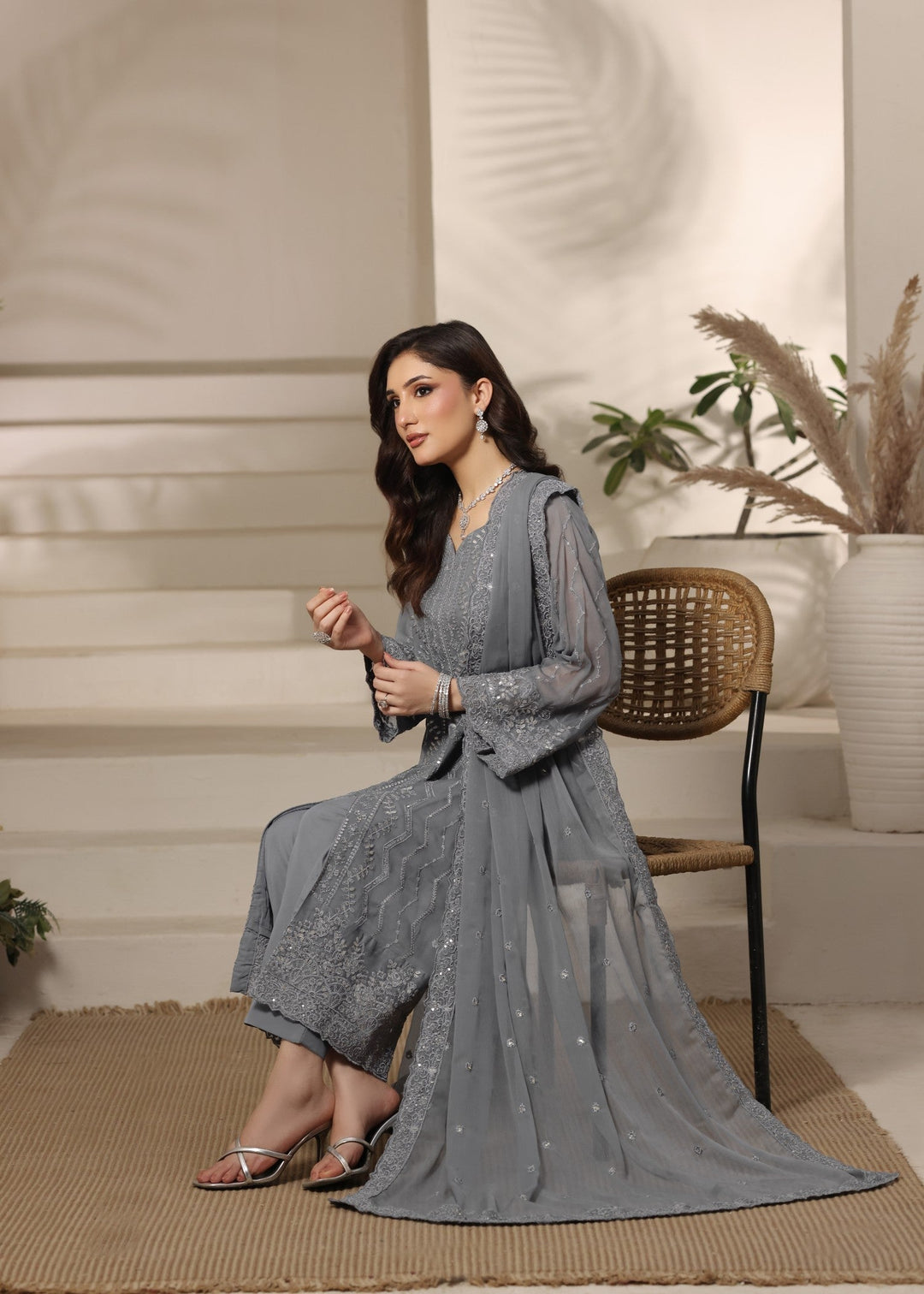 Abaan Zohan RTW Embroidered Chiffon 3 Piece Suit Gulnaar Grey Festive Collection