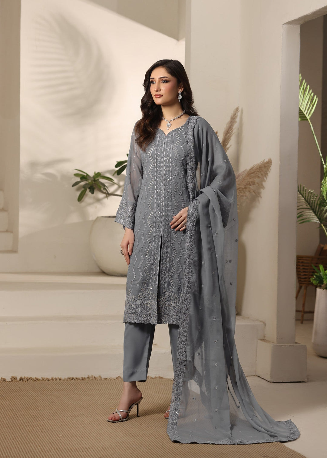 Abaan Zohan RTW Embroidered Chiffon 3 Piece Suit Gulnaar Grey Festive Collection
