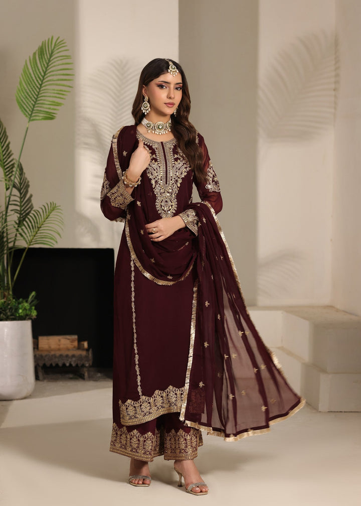 Abaan Zohan RTW Embroidered Chiffon 3 Piece Suit Andaz Maroon Festive Collection