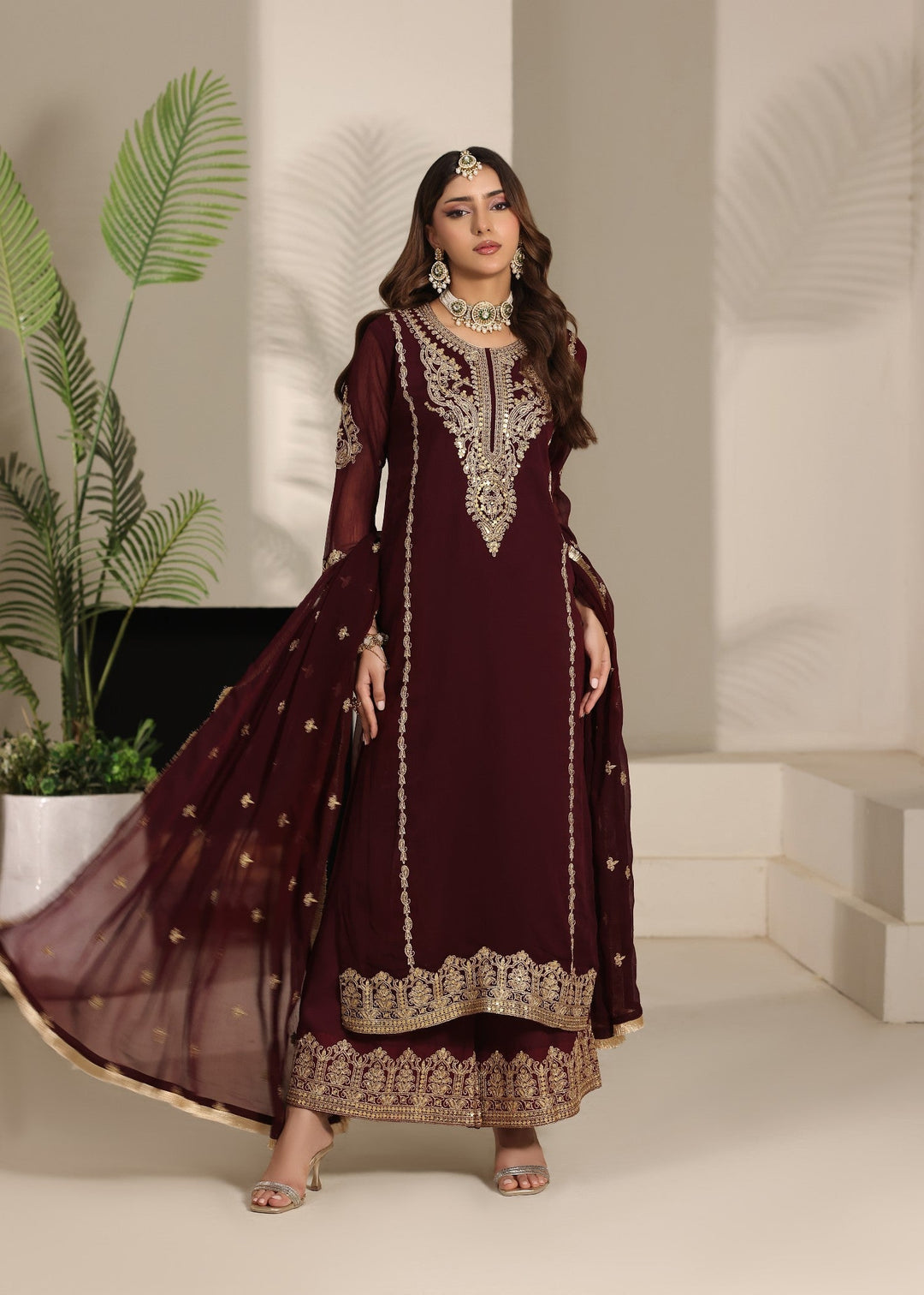 Abaan Zohan RTW Embroidered Chiffon 3 Piece Suit Andaz Maroon Festive Collection