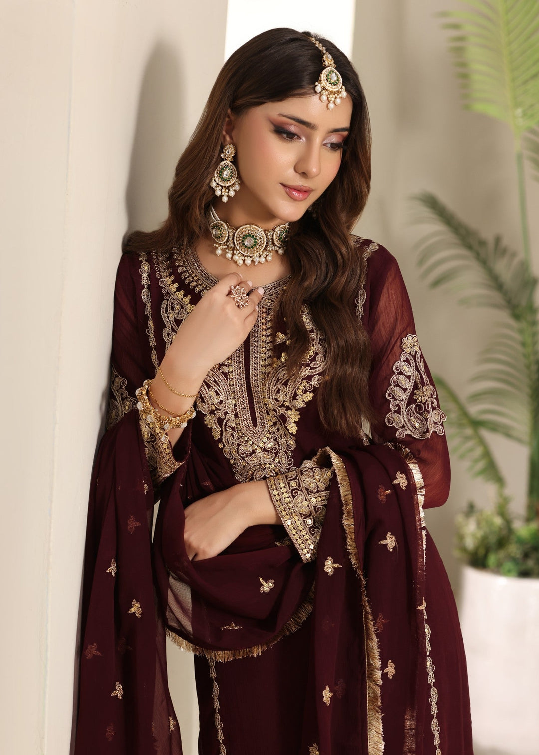 Abaan Zohan RTW Embroidered Chiffon 3 Piece Suit Andaz Maroon Festive Collection