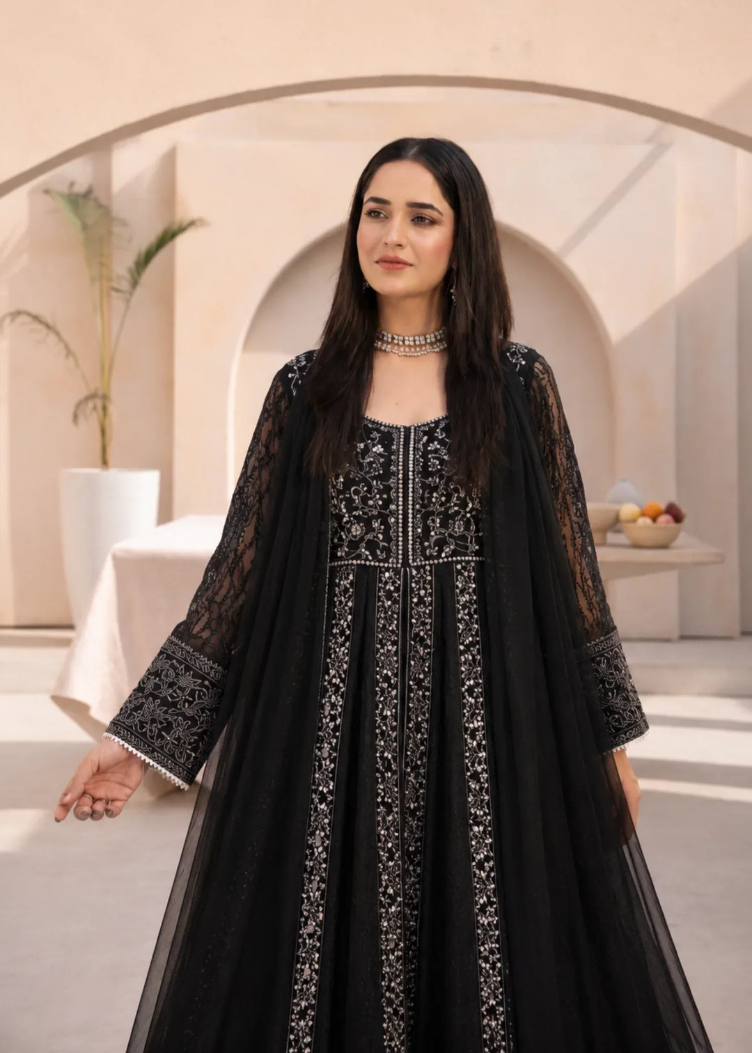Banno by Manahils RTW Hand work Organza 3 Piece Suit L-025-BLACK Festive Collection