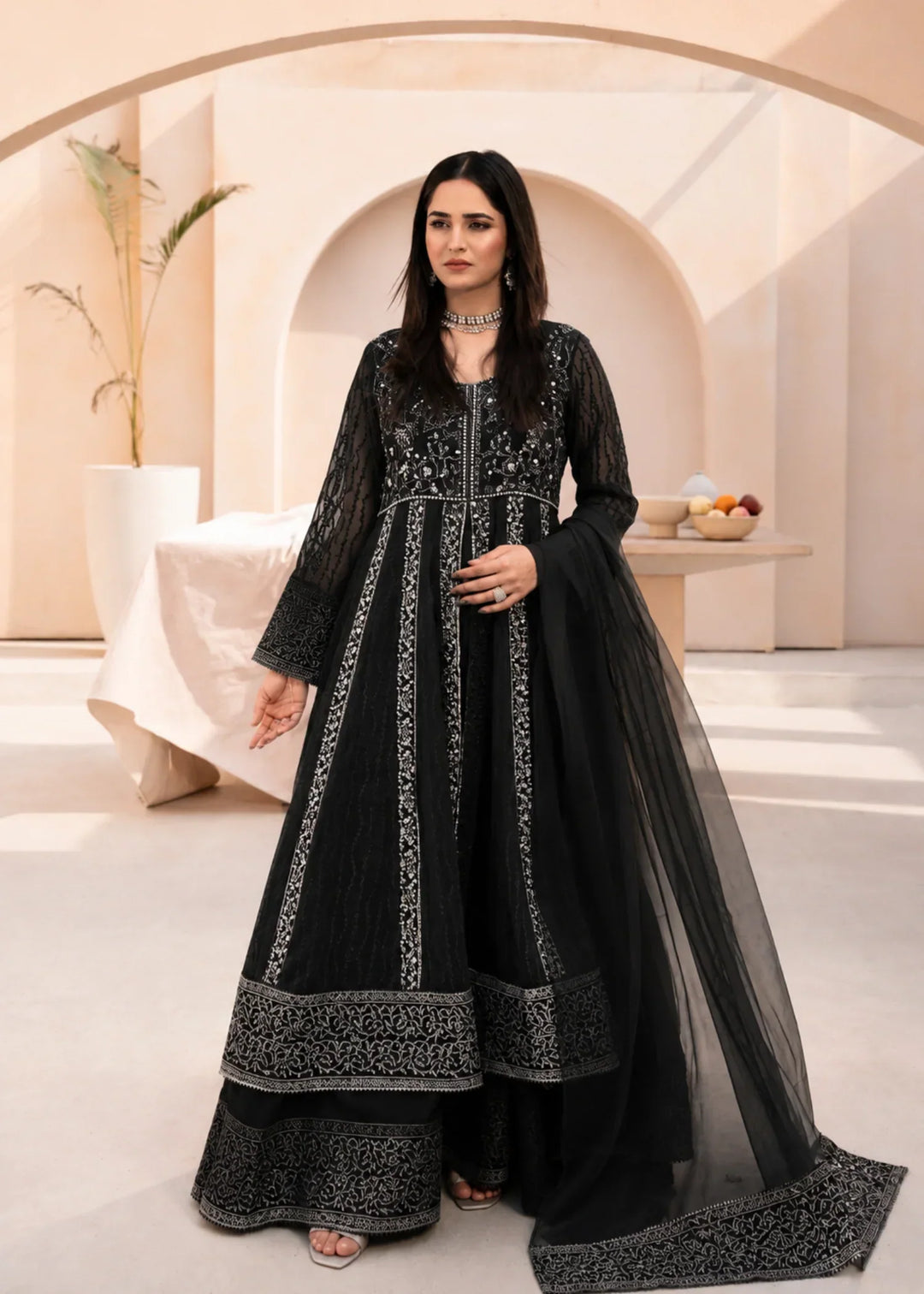 Banno by Manahils RTW Hand work Organza 3 Piece Suit L-025-BLACK Festive Collection