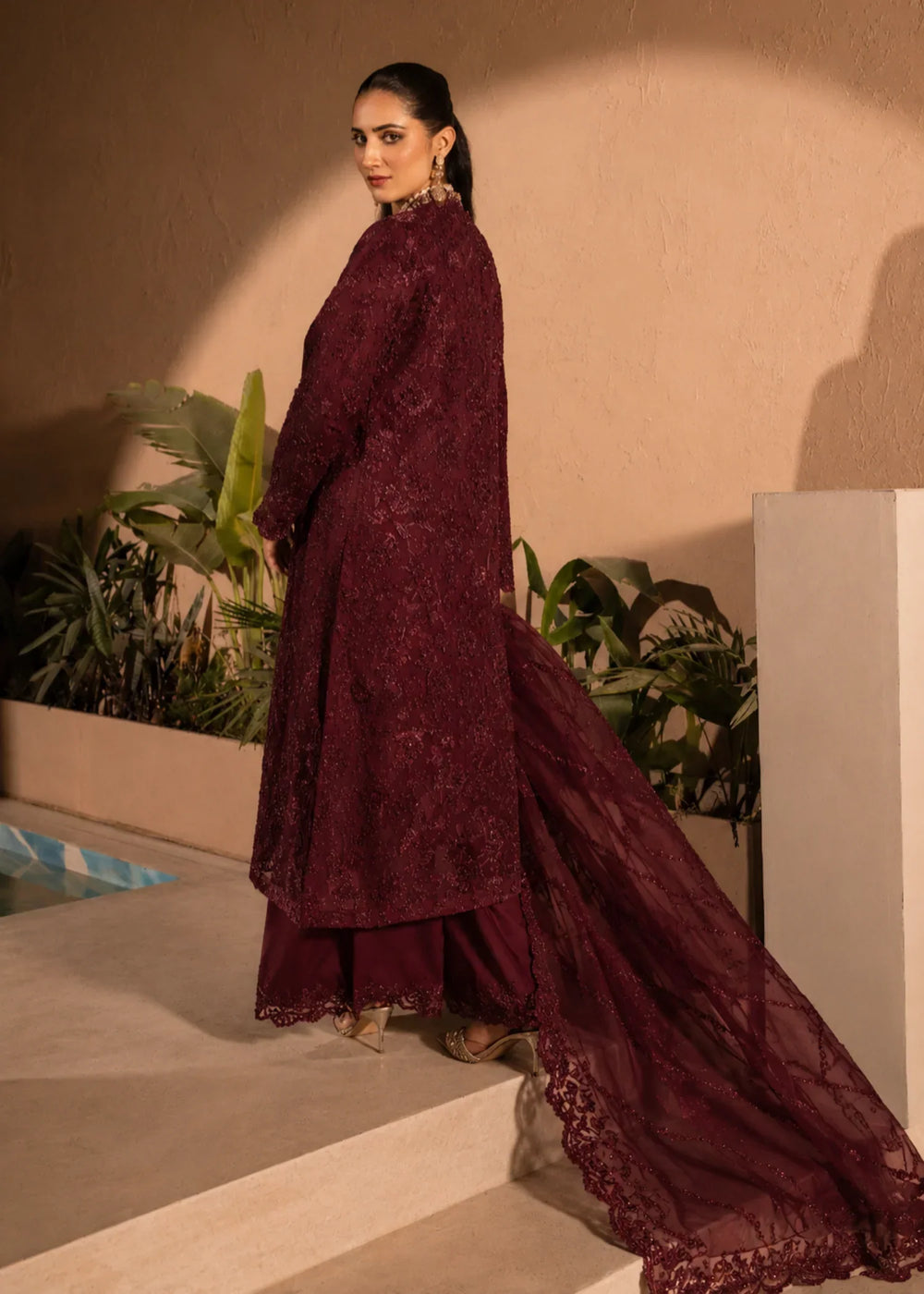 Banno by Manahils RTW Hand work Organza 3 Piece Suit 198-MAROON Festive Collection