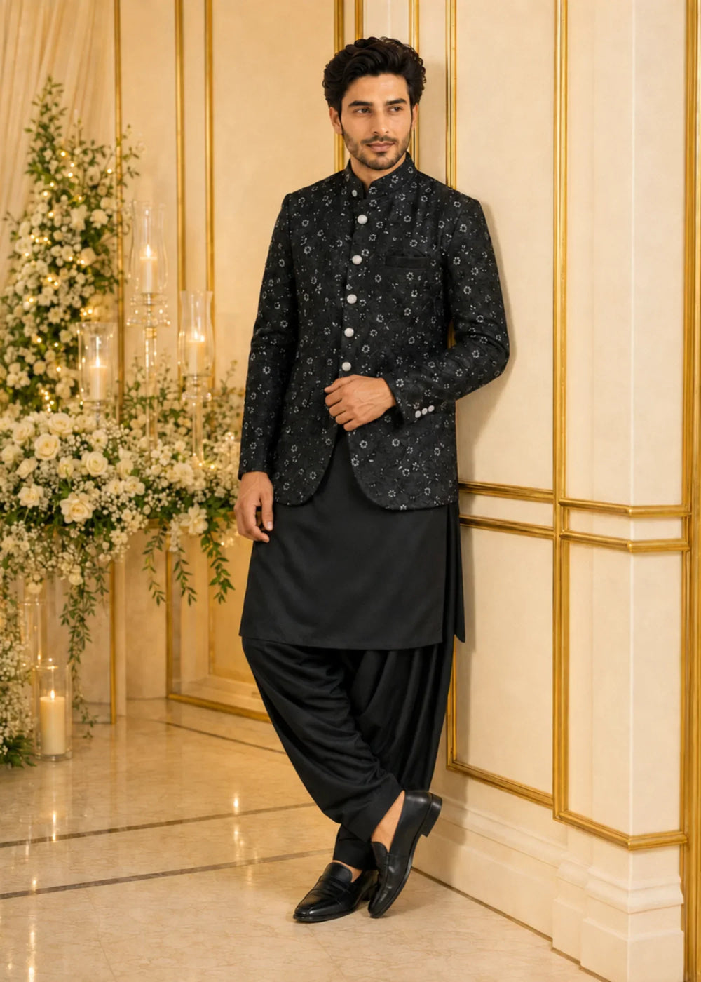 TGM Mens RTW Chikankari Chikankari 3 Piece Suit Noir Majesty Festive Collection