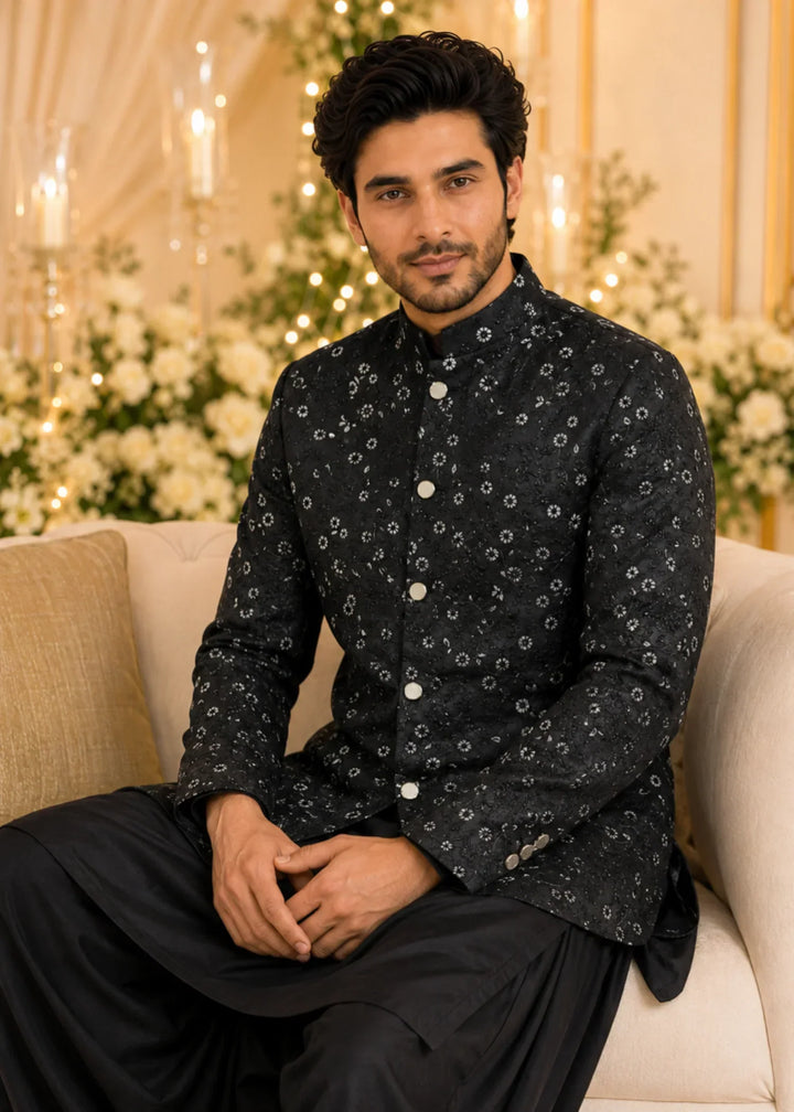TGM Mens RTW Chikankari Chikankari 3 Piece Suit Noir Majesty Festive Collection