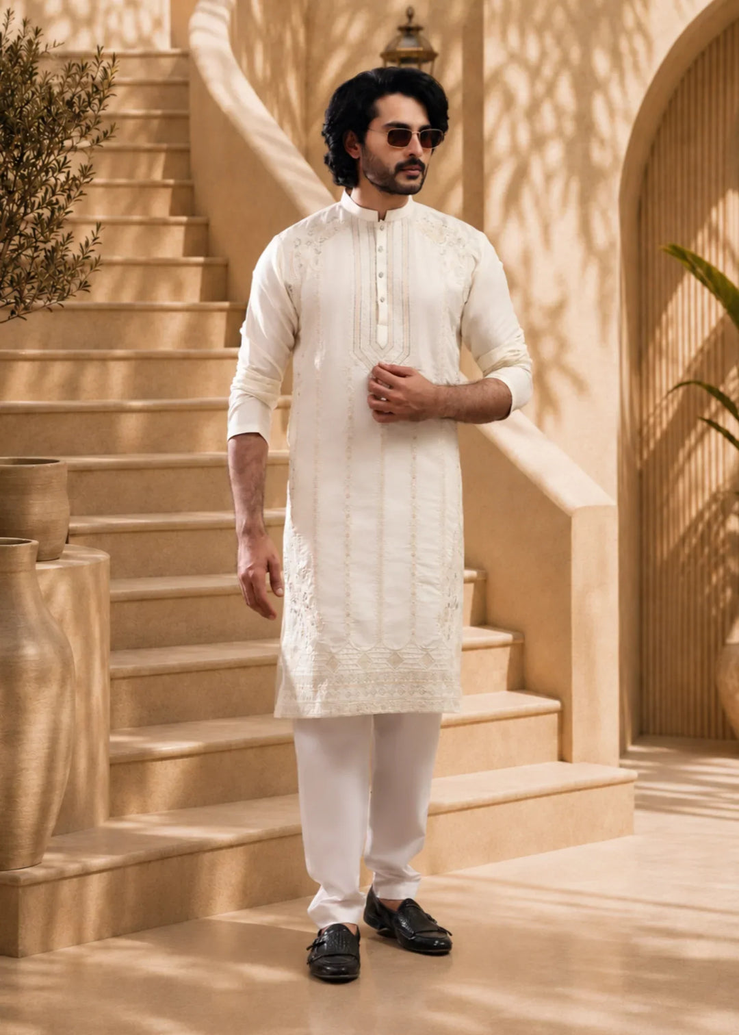 TGM Mens RTW Chikankari Chikankari Kurta Pajama Suit White Opal Festive Collection