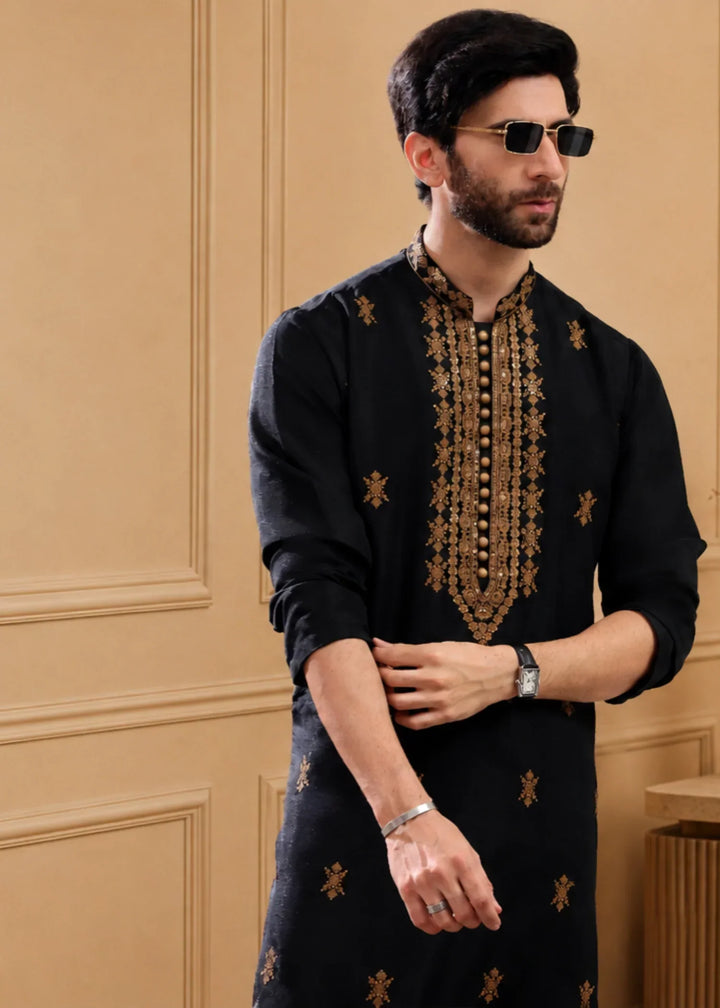 TGM Mens RTW Chikankari Chikankari Kurta Pajama Suit Aeron Black Festive Collection