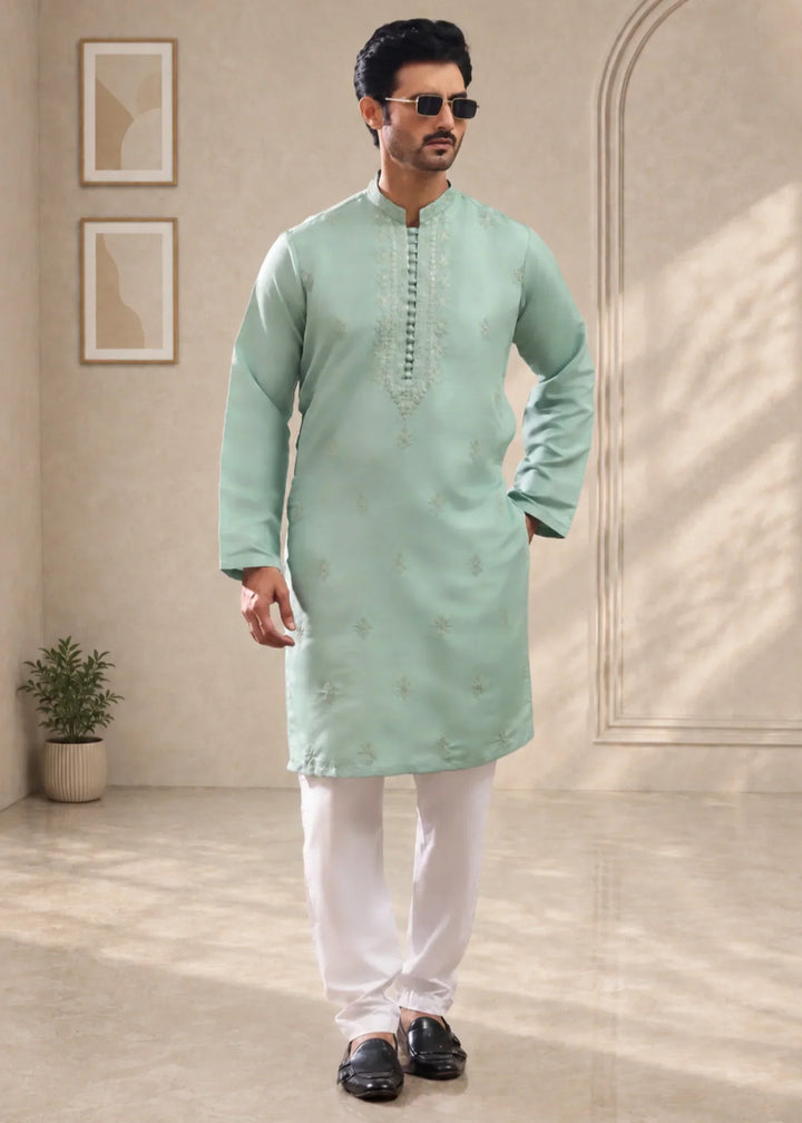 TGM Mens RTW Chikankari Chikankari Kurta Pajama Suit Aeron Sea Green Festive Collection