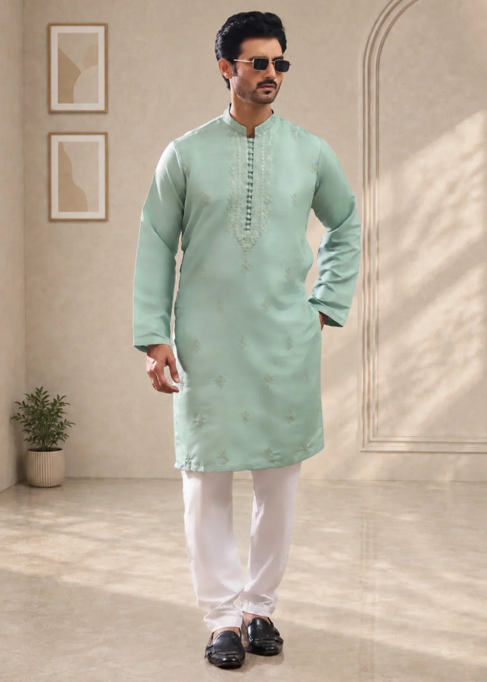 TGM Mens RTW Chikankari Chikankari Kurta Pajama Suit Aeron Sea Green Festive Collection