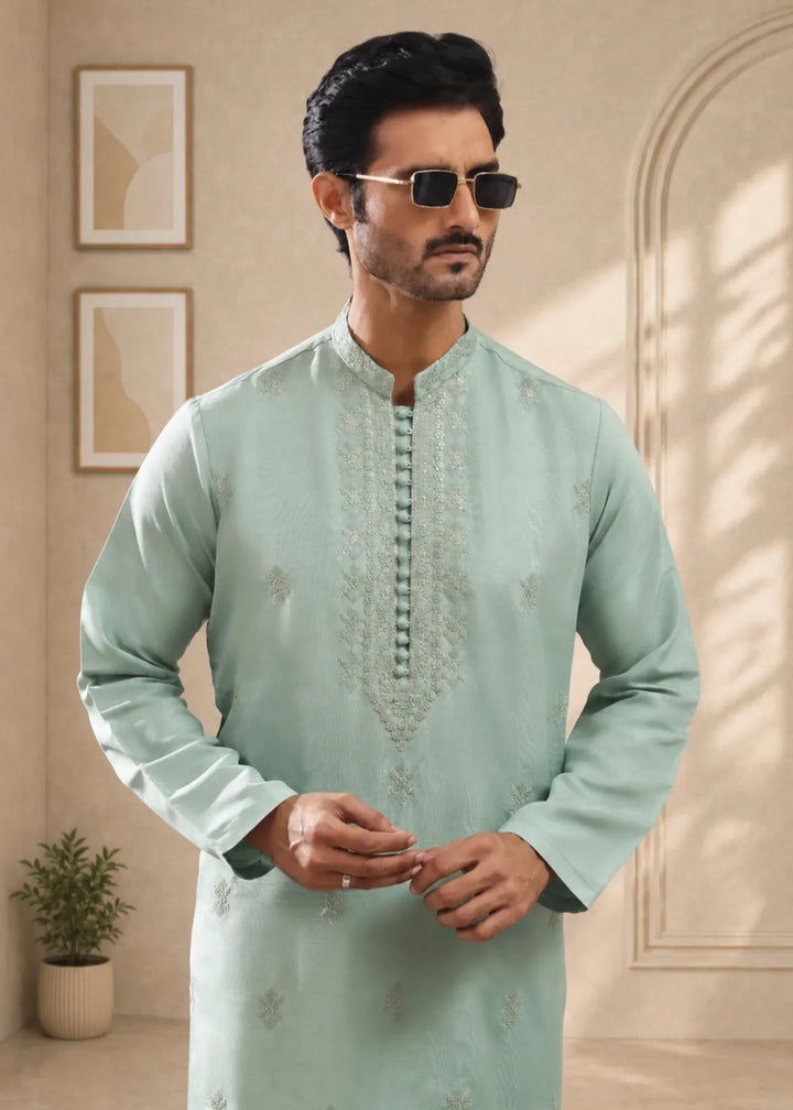 TGM Mens RTW Chikankari Chikankari Kurta Pajama Suit Aeron Sea Green Festive Collection