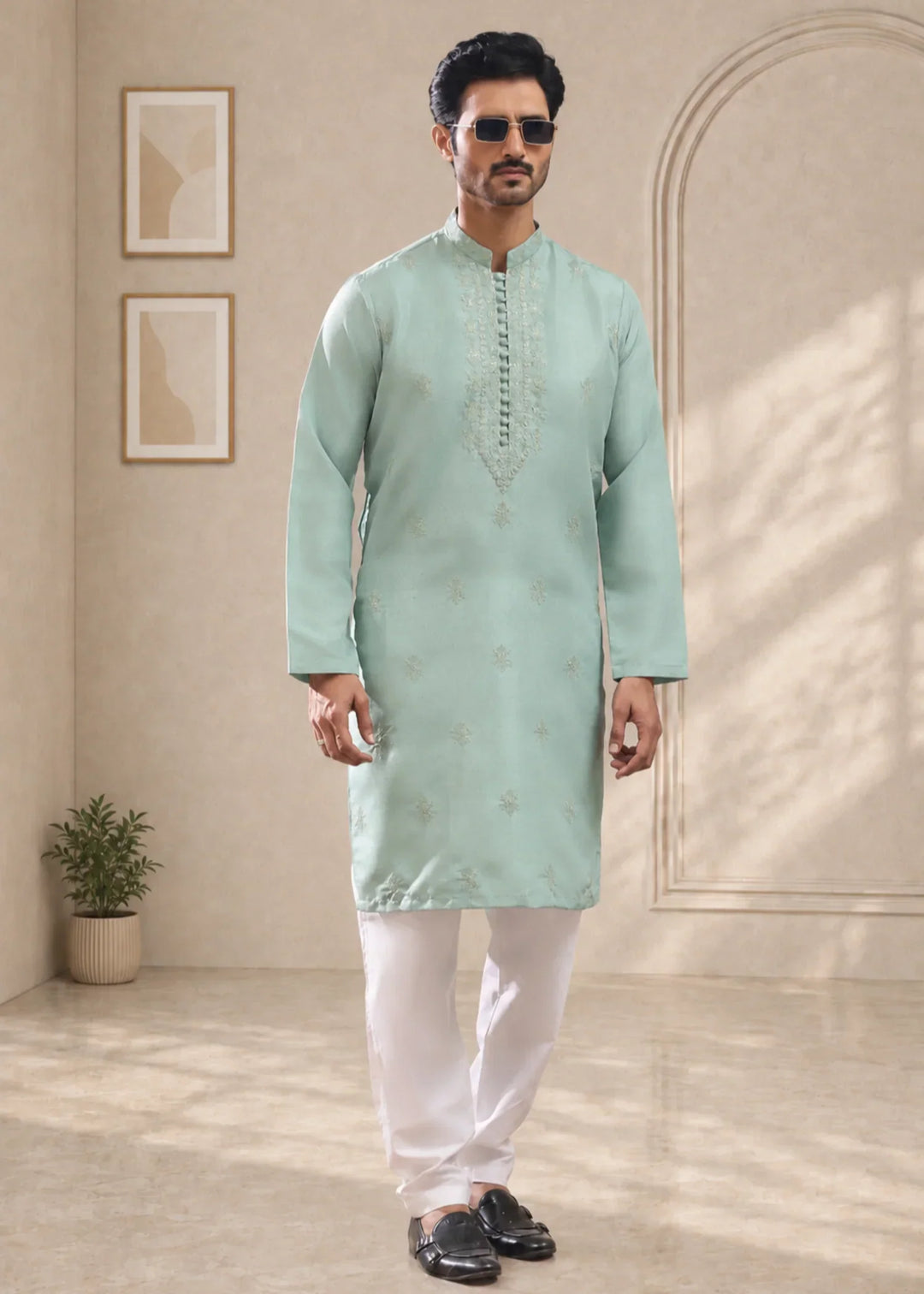 TGM Mens RTW Chikankari Chikankari Kurta Pajama Suit Aeron Sea Green Festive Collection