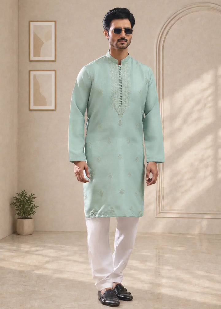 TGM Mens RTW Chikankari Chikankari Kurta Pajama Suit Aeron Sea Green Festive Collection
