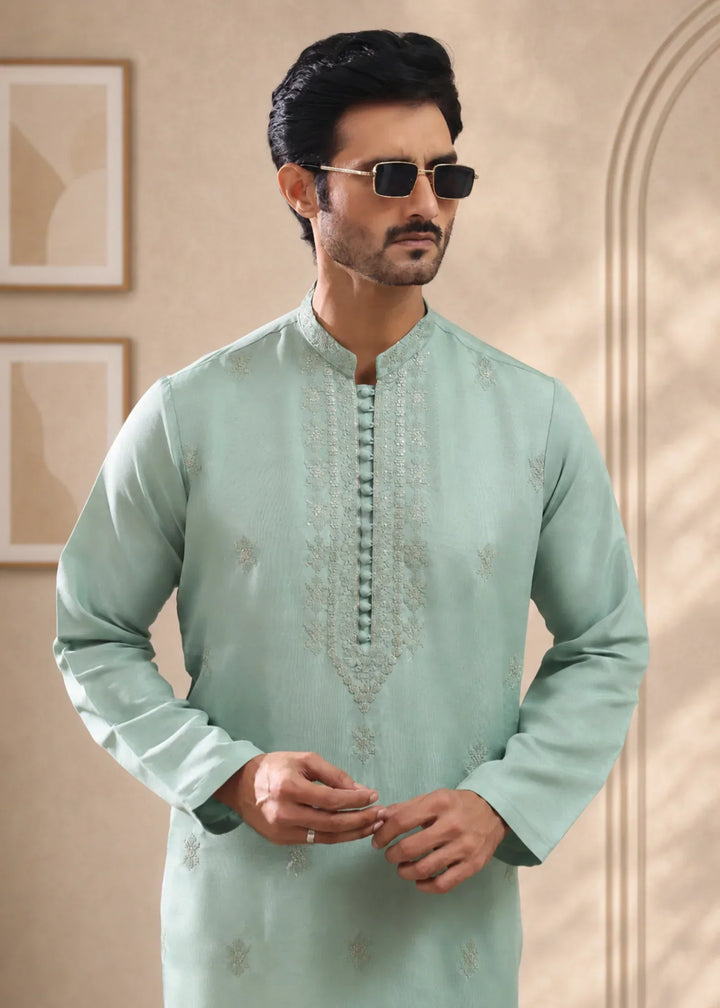 TGM Mens RTW Chikankari Chikankari Kurta Pajama Suit Aeron Sea Green Festive Collection