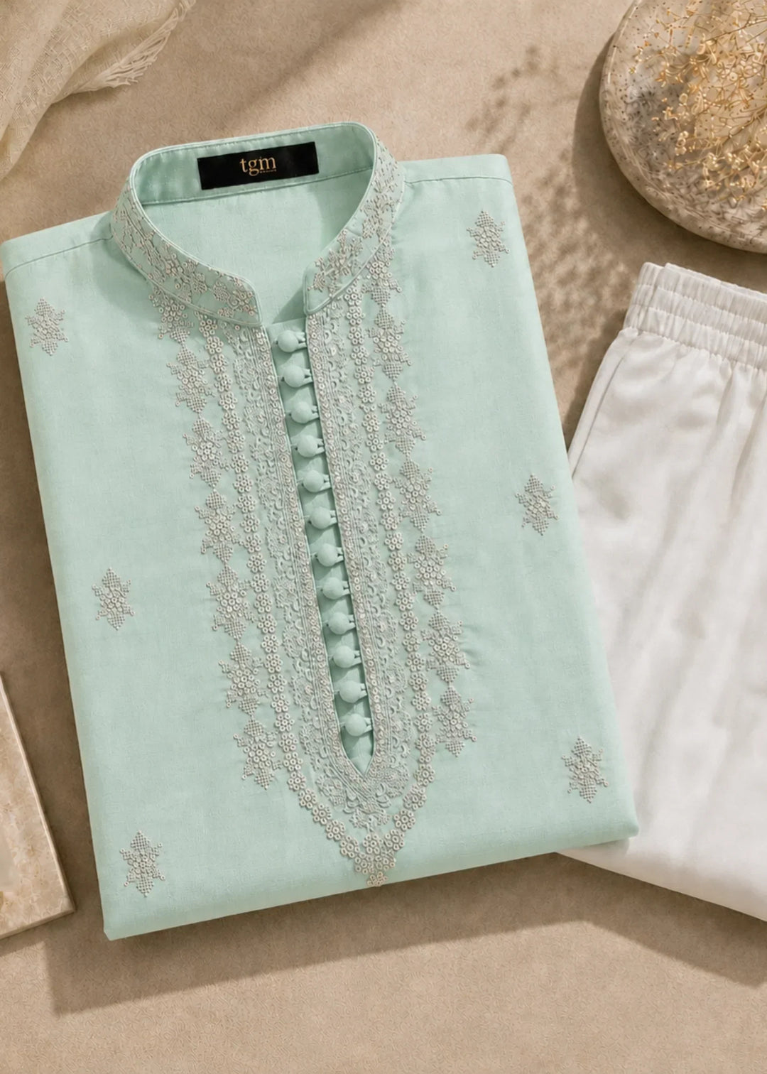 TGM Mens RTW Chikankari Chikankari Kurta Pajama Suit Aeron Sea Green Festive Collection