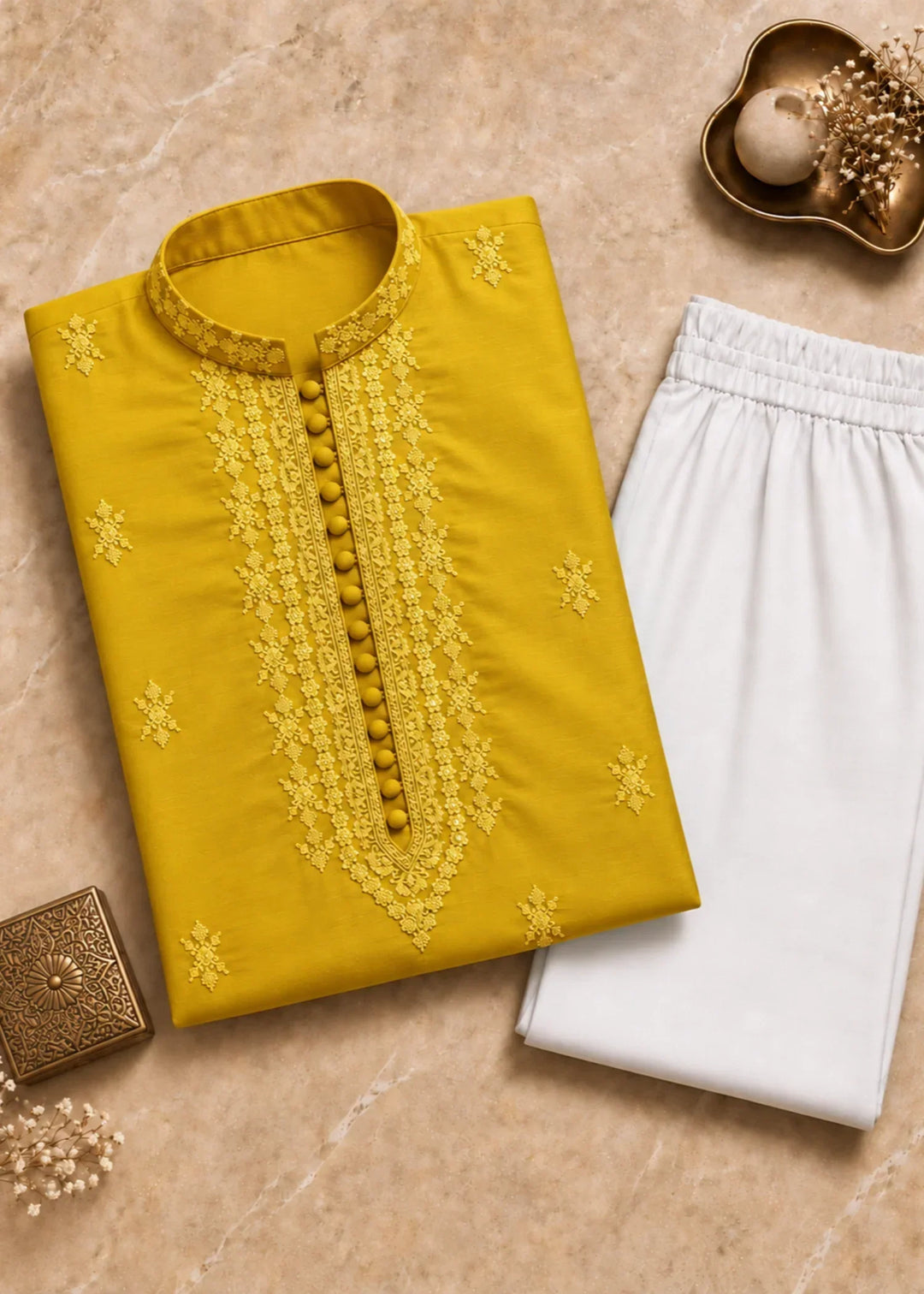 TGM Mens RTW Chikankari Chikankari Kurta Pajama Suit Aeron Lemon Festive Collection