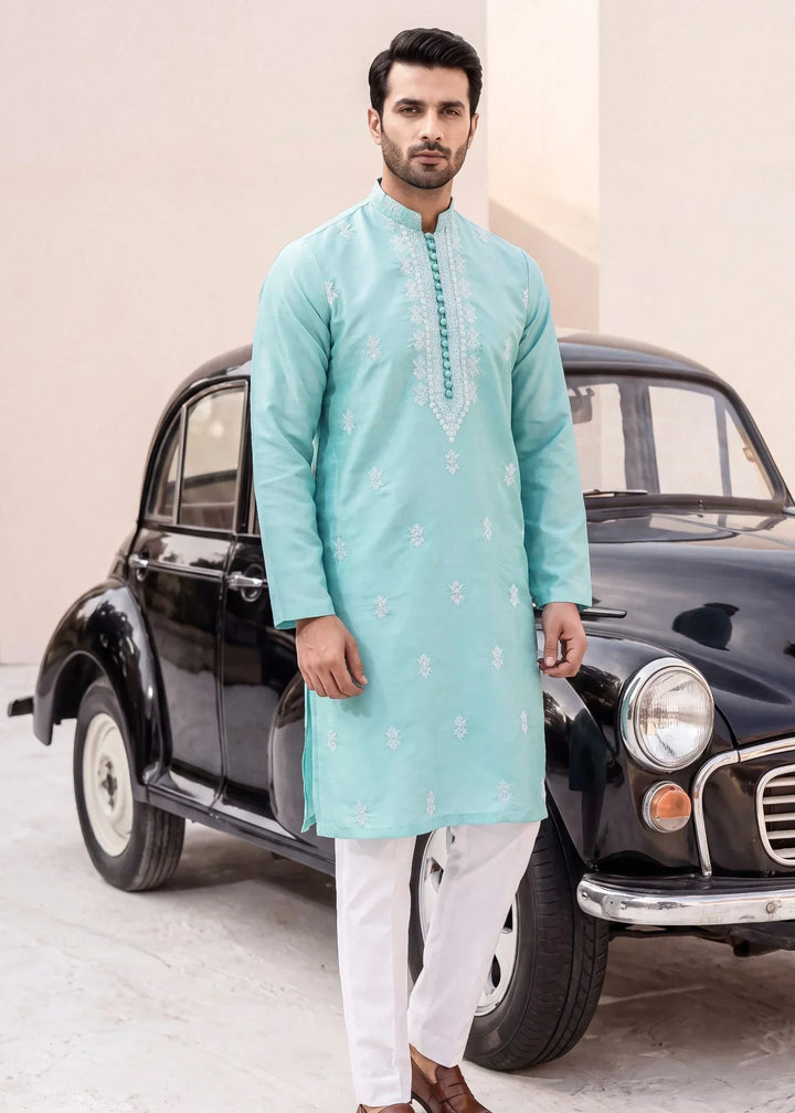TGM Mens RTW Chikankari Chikankari Kurta Pajama Suit Aeron Aqua Festive Collection