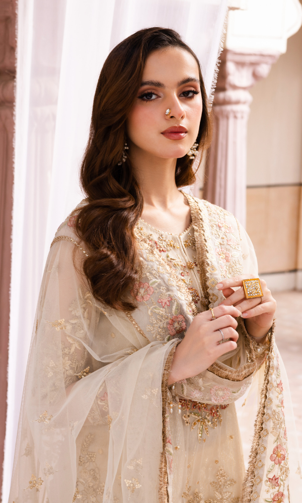 Waresha Women RTW Embroidered Net 3 Piece Suit Ivory Royale Off-White - Festive Collection