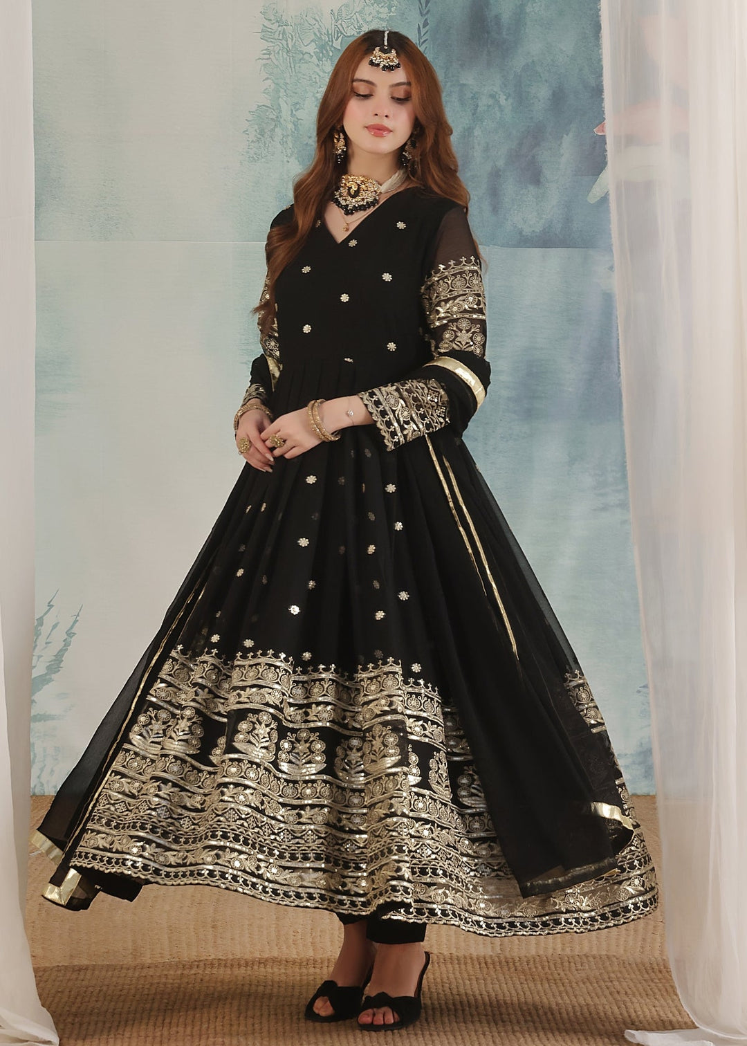 Unss Apparel Women Pret Embroidered Chiffon 3 piece suit Miraal Black - Festive Collection