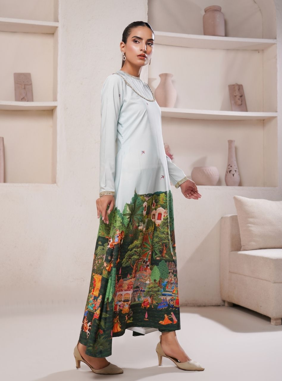 Irtiqa by Anayra Amal RTW Printed Raw Silk 1 Piece Suit Taana Baana Festive Collection