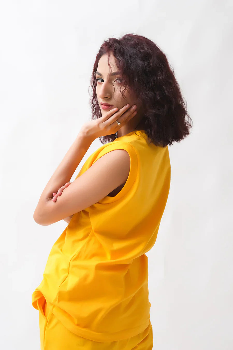 Dhaga Women Western Solids 2 Piece jersy Yellow Co Ords Sleevesless DHSSSCO5 - Summer Collection