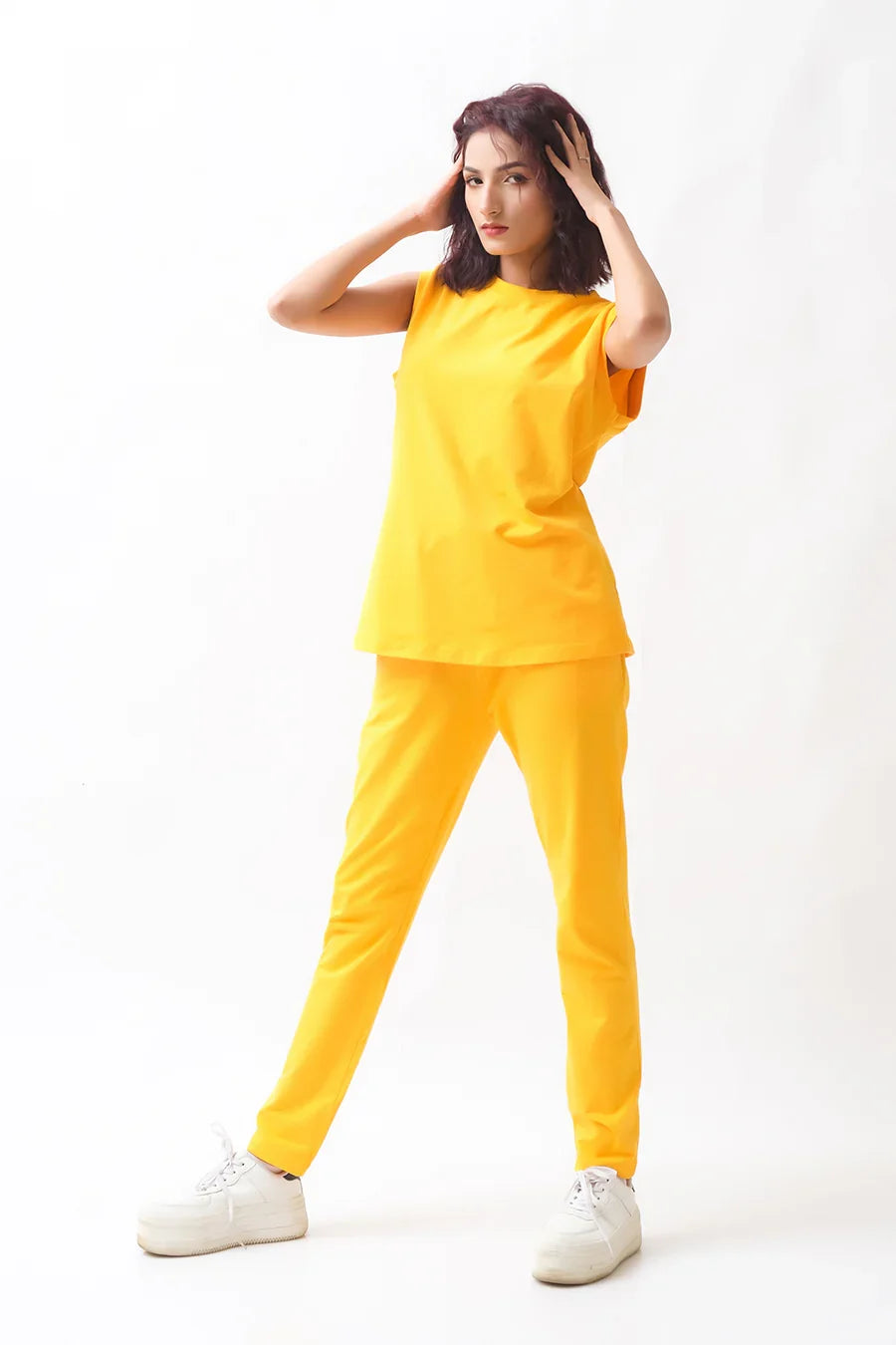 Dhaga Women Western Solids 2 Piece jersy Yellow Co Ords Sleevesless DHSSSCO5 - Summer Collection
