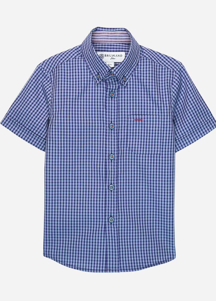 Brumano Cotton Casual Shirts for Boys -   Navy Blue Gingham Half Sleeve Shirt - Junior