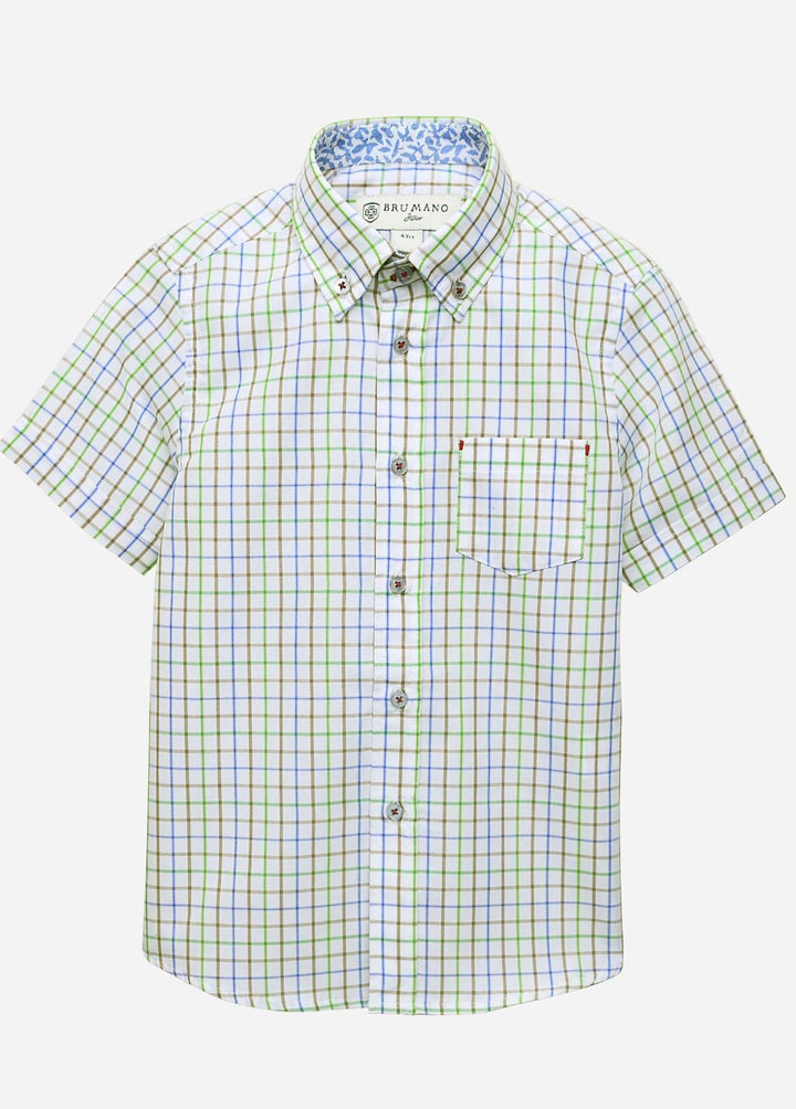 Brumano Cotton Casual Shirts for Boys -  White & Green Casual Checkered Shirt