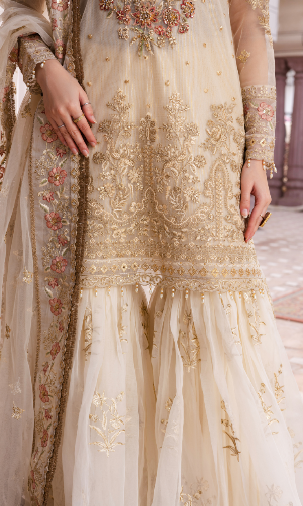 Waresha Women RTW Embroidered Net 3 Piece Suit Ivory Royale Off-White - Festive Collection