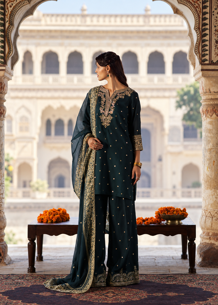 Rekha by Casualite RTW Embroidered Viscose Silk 3 Piece Suit CL26RVR Zebba - Festive Collection