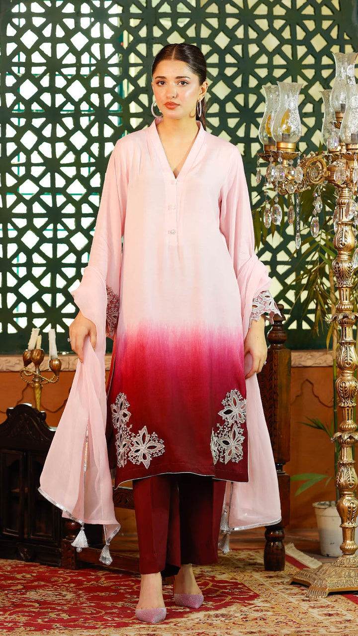 Jashn e Eid by Reezas Women Embroidered Lawn Silk 3 Piece Rang-e-baharan pink ombre - Summer Collection
