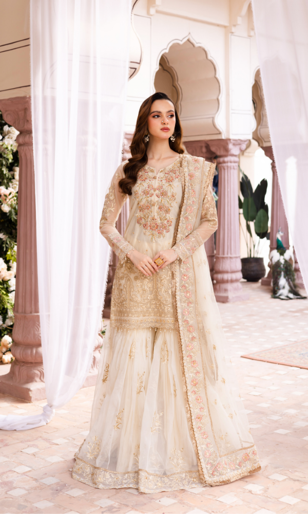 Waresha Women RTW Embroidered Net 3 Piece Suit Ivory Royale Off-White - Festive Collection