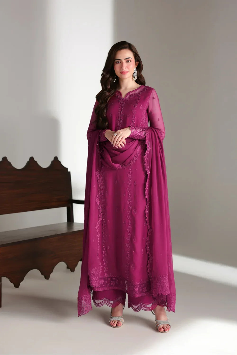 Ensembles by Azure Unstitched Embroidered Chiffon 3 Piece Suit AZ26UEF Zinnia - Festive Collection