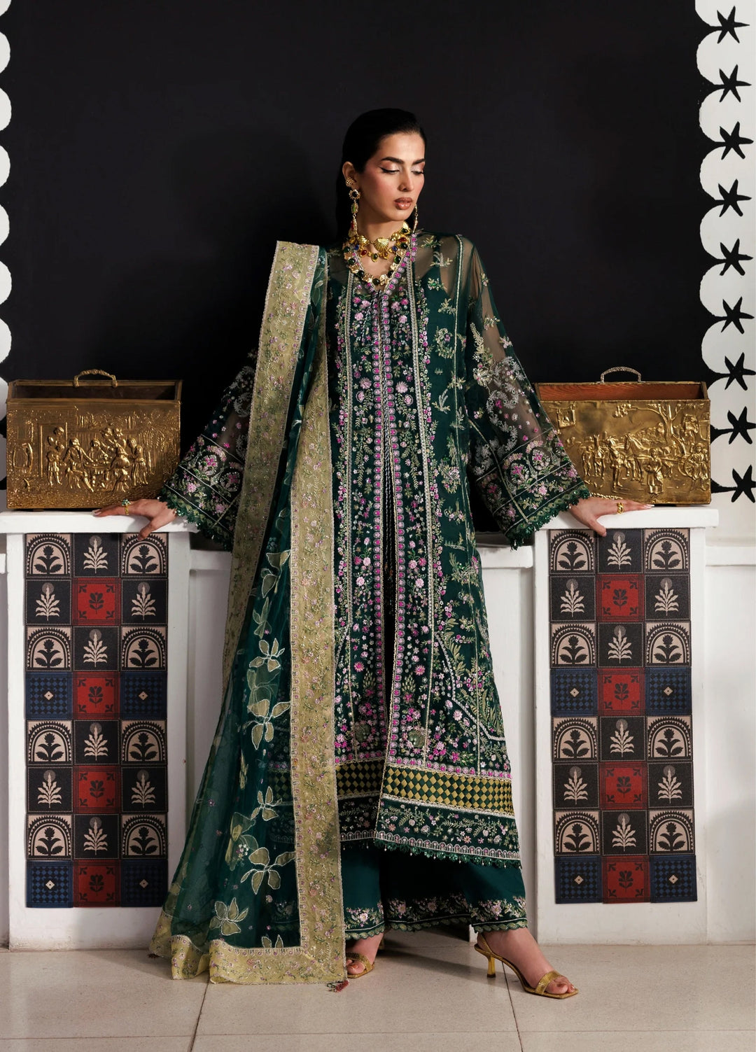 Marwa by Maryam Hussain Unstitched Embroidered Net 3 Piece Suit Zamurd - Wedding Collection