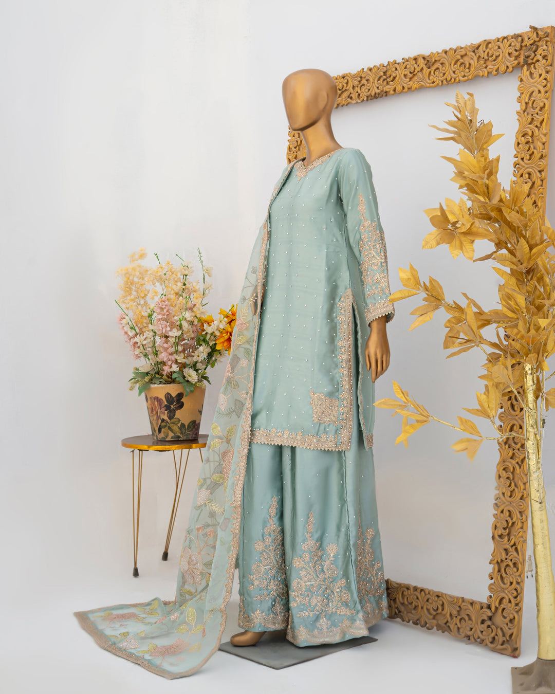 Andaaz by Saira Sultana Women RTW Embroidered Silk 3 Piece Suit Haya Ice Pista - Festive Collection