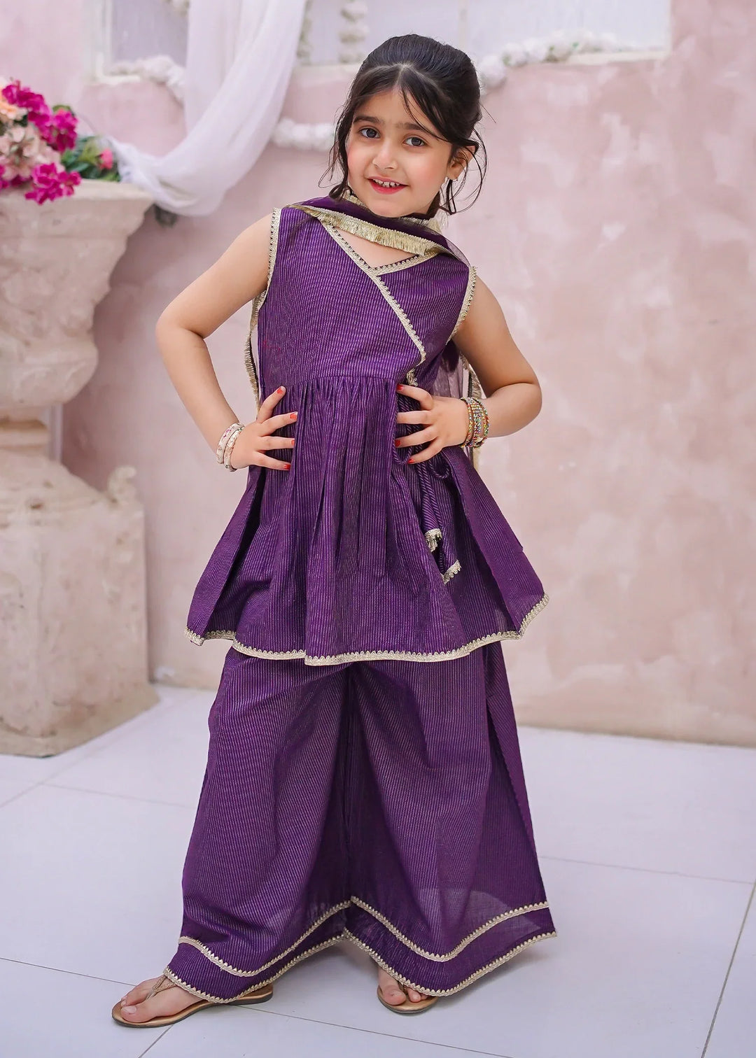 Modest Girls RTW Embroidered Cotton 3 Piece Suit Purple Sharara Festive Collection