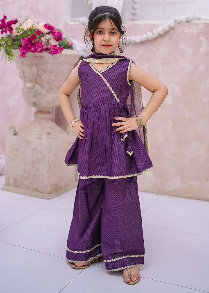 Modest Girls RTW Embroidered Cotton 3 Piece Suit Purple Sharara Festive Collection